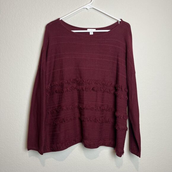 J. Jill Sweaters - J Jill Sweater Womens MP Red Bordeaux Fringe Stripe Boat Neck Knit Pullover